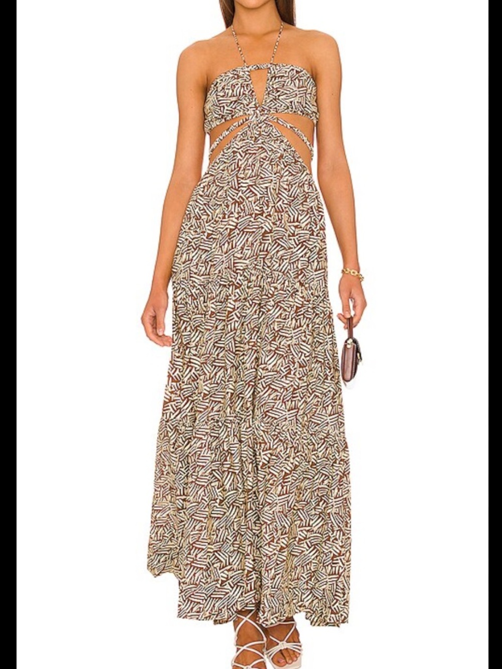 NWT Jonathan Simkhai laurel palm leaf coffee Brown & Cream Cutout Maxi Dress S